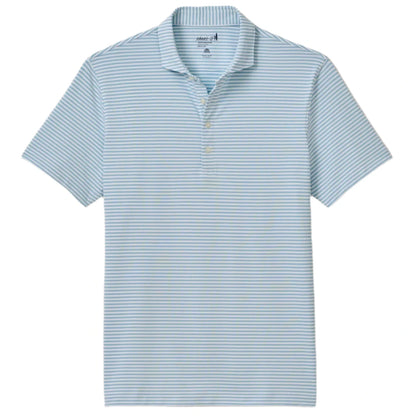 The Johnnie-O Stetson Stripe Performance Mesh Polo features light blue and white stripes, a collared neckline with three buttons, and breathable fabric—ideal golf gear for comfort and style.