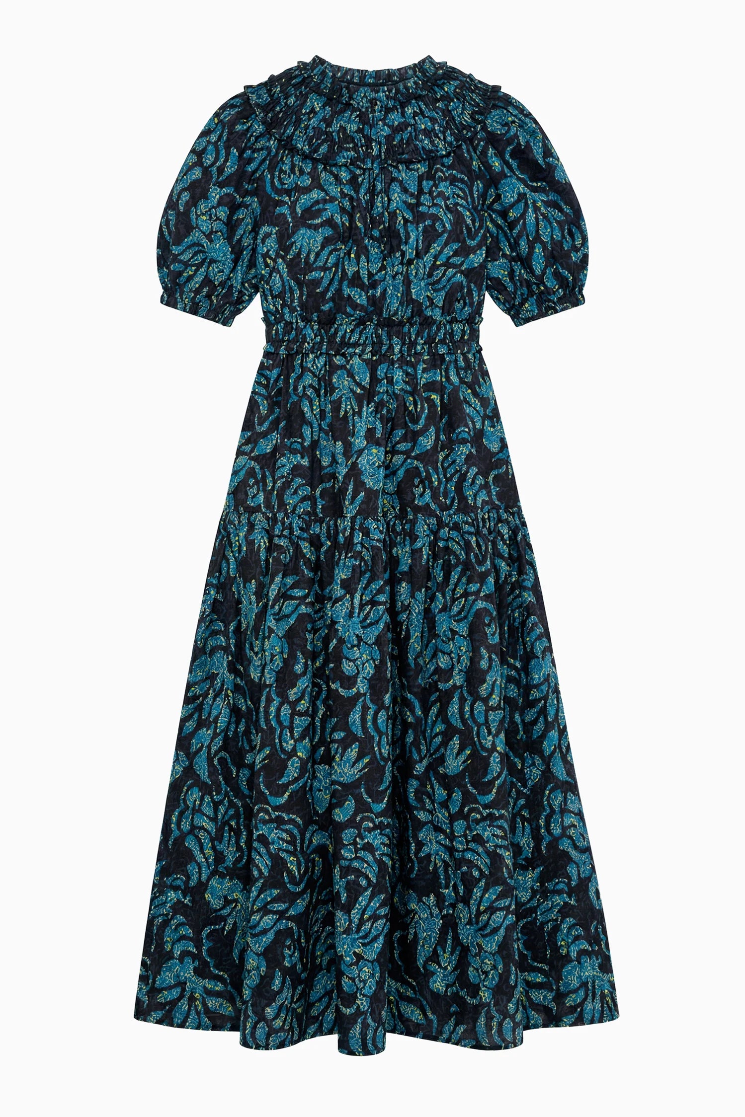 Othella Cotton Dress by Ulla Johnson: A black cotton midi dress with short puff sleeves and a blue floral pattern, featuring a gathered neckline, a fitted waist, and a chic pleated skirt.