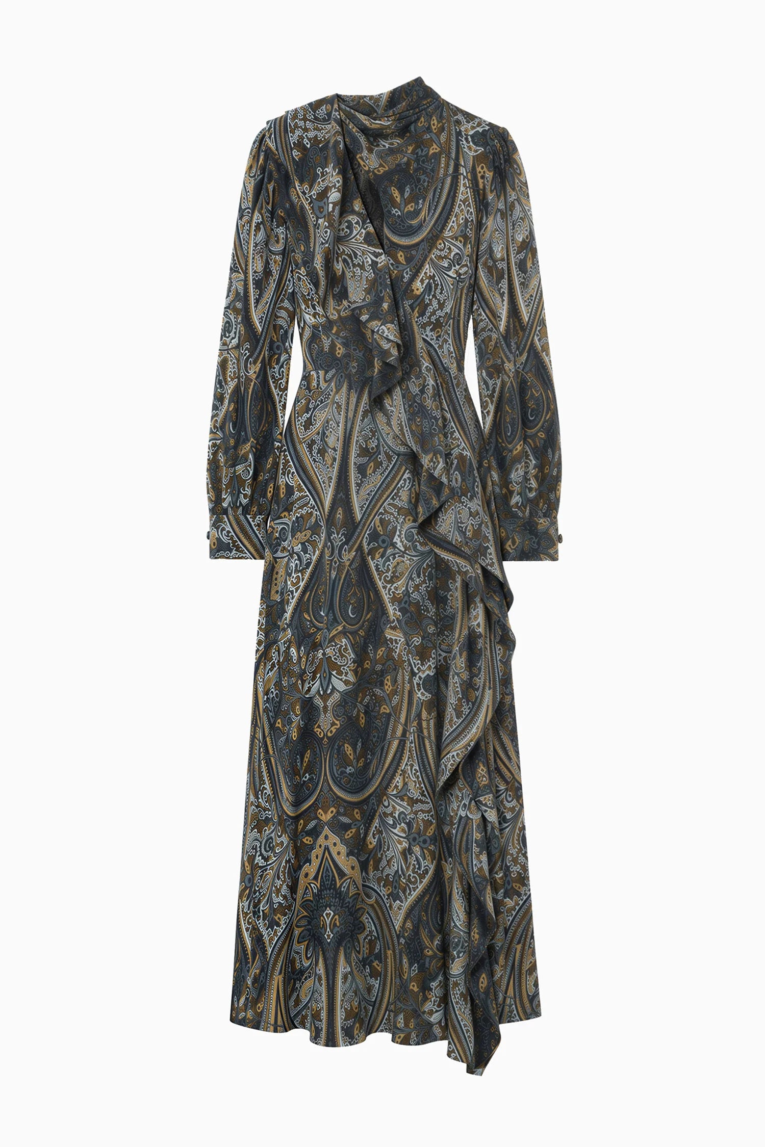 The long-sleeved Sabrina Silk Dress by Ulla Johnson showcases a paisley print in dark blue and beige tones, beautifully crafted from luxurious silk crepe de chine, and features elegant ruffle details with an asymmetrical accent on the front.