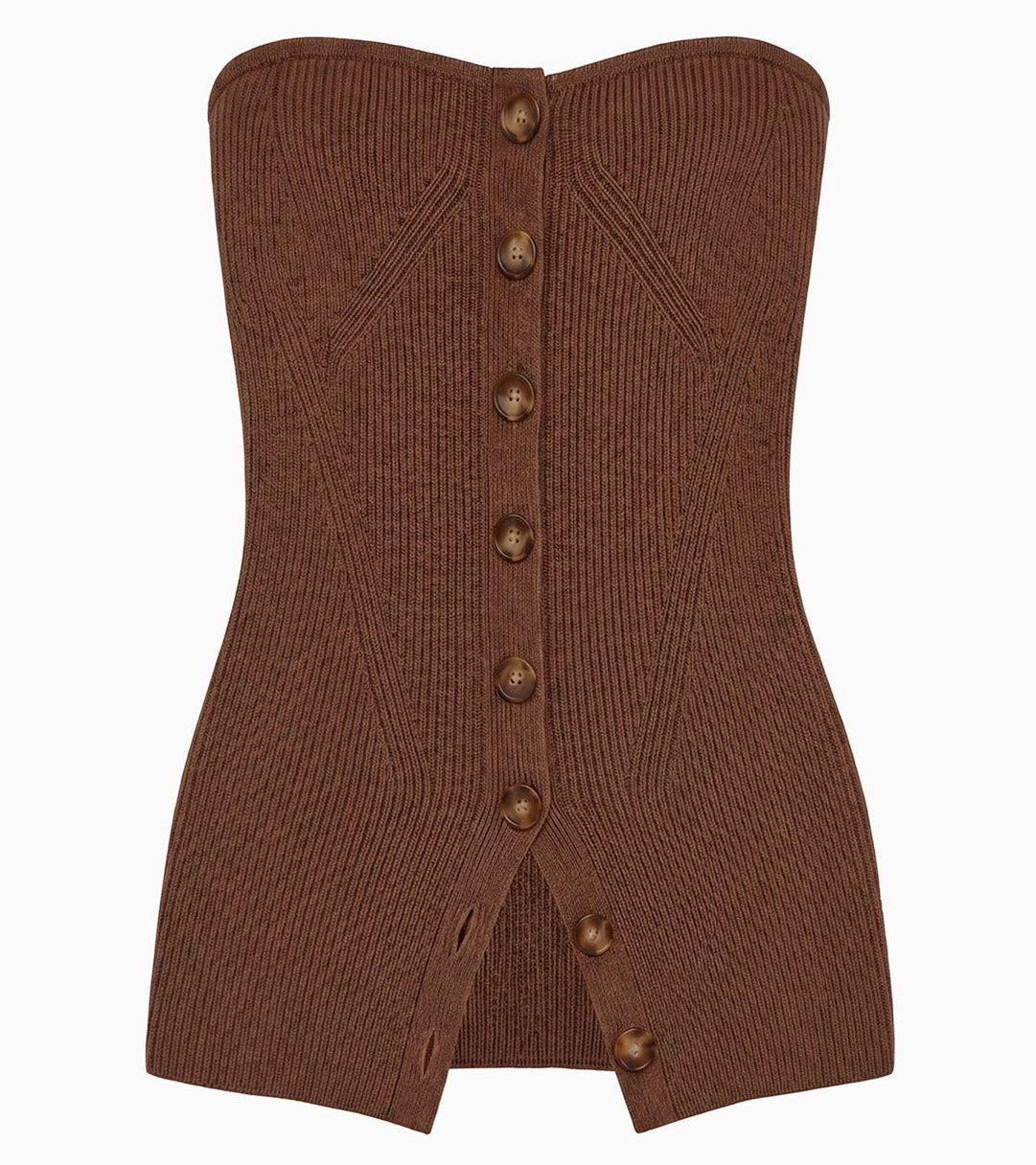 Ulla Johnson’s Yanni Strapless Knit Top is a brown ribbed knit tube top featuring a corset-inspired front with eight button closures and a small slit at the hem—the perfect statement piece.
