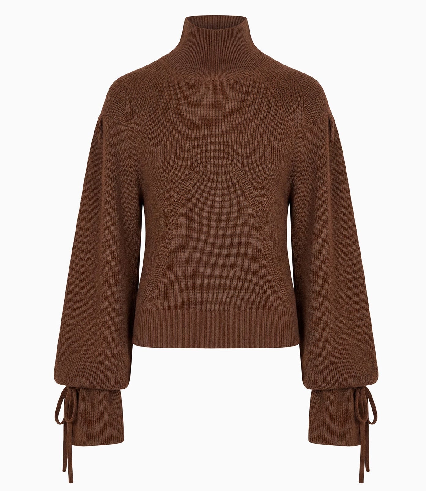The Ulla Johnson Camille Knit Pullover is a brown ribbed knit sweater featuring a high neck, elongated wide long sleeves, and tied cuffs, shown against a plain white background.