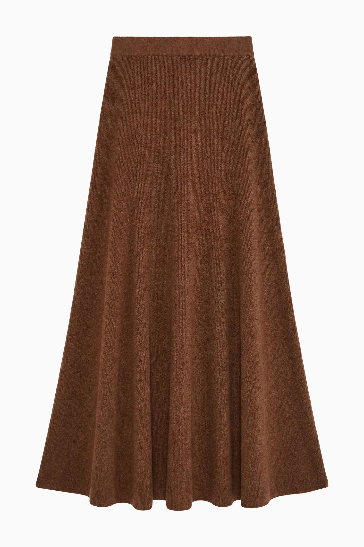 A brown, knee-length Azaria Knit Skirt by Ulla Johnson featuring an A-line silhouette with soft panels and a fitted waistband, crafted from luxurious merino wool and displayed against a white background.