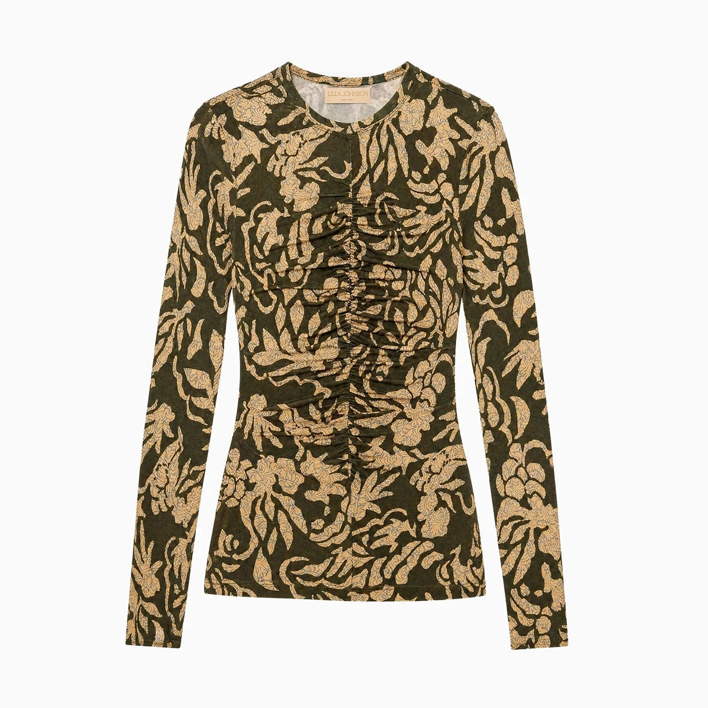 The Asha Jersey Top by Ulla Johnson is a long-sleeve, fitted top featuring a ruched front with gathered detailing and an olive green and beige floral pattern, displayed on a flat white background.