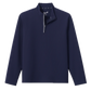 The Johnnie-O Hoppin QZ Pullover, a navy blue long-sleeve ribbed performance 1/4-zip with a quarter-zip collar and UPF 50 sun protection, is laid flat on a white background.