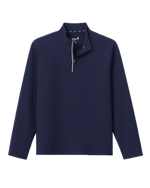 The Johnnie-O Hoppin QZ Pullover, a navy blue long-sleeve ribbed performance 1/4-zip with a quarter-zip collar and UPF 50 sun protection, is laid flat on a white background.