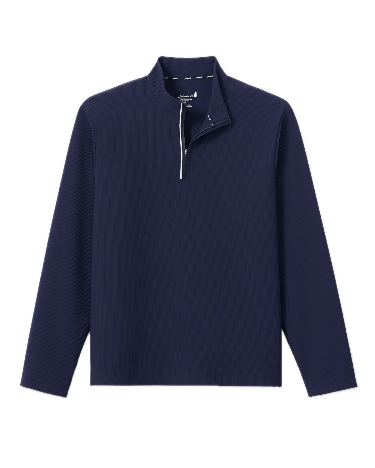 The Johnnie-O Hoppin QZ Pullover, a navy blue long-sleeve ribbed performance 1/4-zip with a quarter-zip collar and UPF 50 sun protection, is laid flat on a white background.