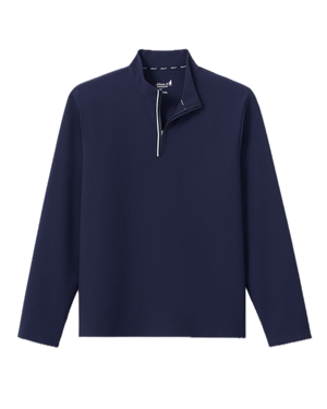 The Johnnie-O Hoppin QZ Pullover, a navy blue long-sleeve ribbed performance 1/4-zip with a quarter-zip collar and UPF 50 sun protection, is laid flat on a white background.