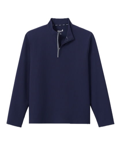 The Johnnie-O Hoppin QZ Pullover, a navy blue long-sleeve ribbed performance 1/4-zip with a quarter-zip collar and UPF 50 sun protection, is laid flat on a white background.