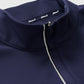 Close-up of the Johnnie-O Hoppin QZ Pullover, a navy blue ribbed performance 1/4-zip athletic jacket with a stand-up collar and zipper, featuring a small white stripe alongside the zipper.