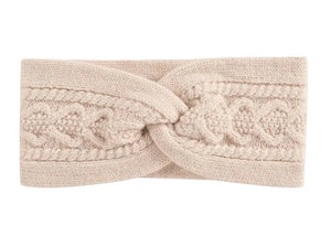The Sidony Headband by Louise Misha features a beige cable knit with a twisted knot front, adding a fantasy twist for lovers of crossed headbands.