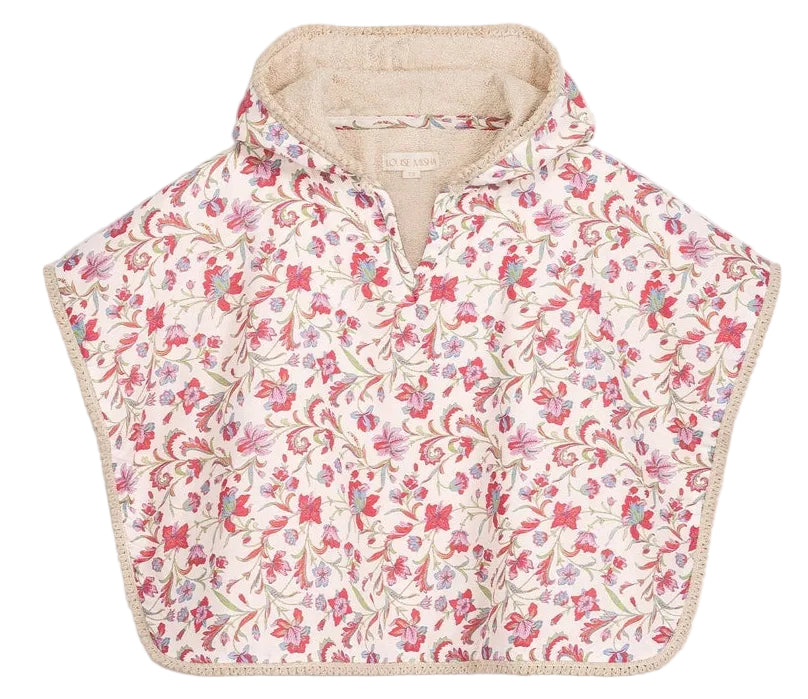 The Mael Beach Cape by Louise Misha features a floral pattern with red, pink, and purple flowers on a cream background, a beige lining, and a short collar—making this charming kids’ beach cape perfect for little ones to enjoy breezy days in style.