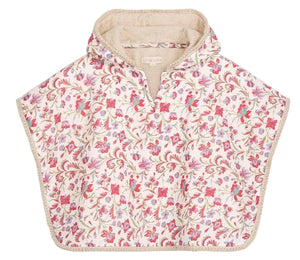 The Mael Beach Cape by Louise Misha features a floral pattern with red, pink, and purple flowers on a cream background, a beige lining, and a short collar—making this charming kids’ beach cape perfect for little ones to enjoy breezy days in style.