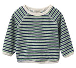 The Cozmo Baby Boys' Fenix Terry Sweatshirt features soft green, blue, and white stripes with a white crew neck and matching trim, perfect for babies and toddlers.