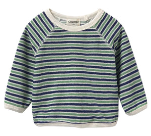 The Cozmo Baby Boys' Fenix Terry Sweatshirt features soft green, blue, and white stripes with a white crew neck and matching trim, perfect for babies and toddlers.