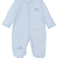 The Kissy Kissy Baby Forest Fun Striped Footie is a light blue onesie made from luxurious Pima cotton, featuring long sleeves, cozy footies, and embroidered forest animal designs.