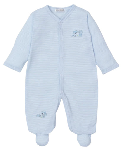 The Kissy Kissy Baby Forest Fun Striped Footie is a light blue onesie made from luxurious Pima cotton, featuring long sleeves, cozy footies, and embroidered forest animal designs.