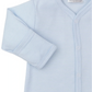 The Baby Forest Fun Striped Footie by Kissy Kissy is a light blue, long-sleeved onesie made from soft Pima cotton with front buttons and features an embroidered forest animal.