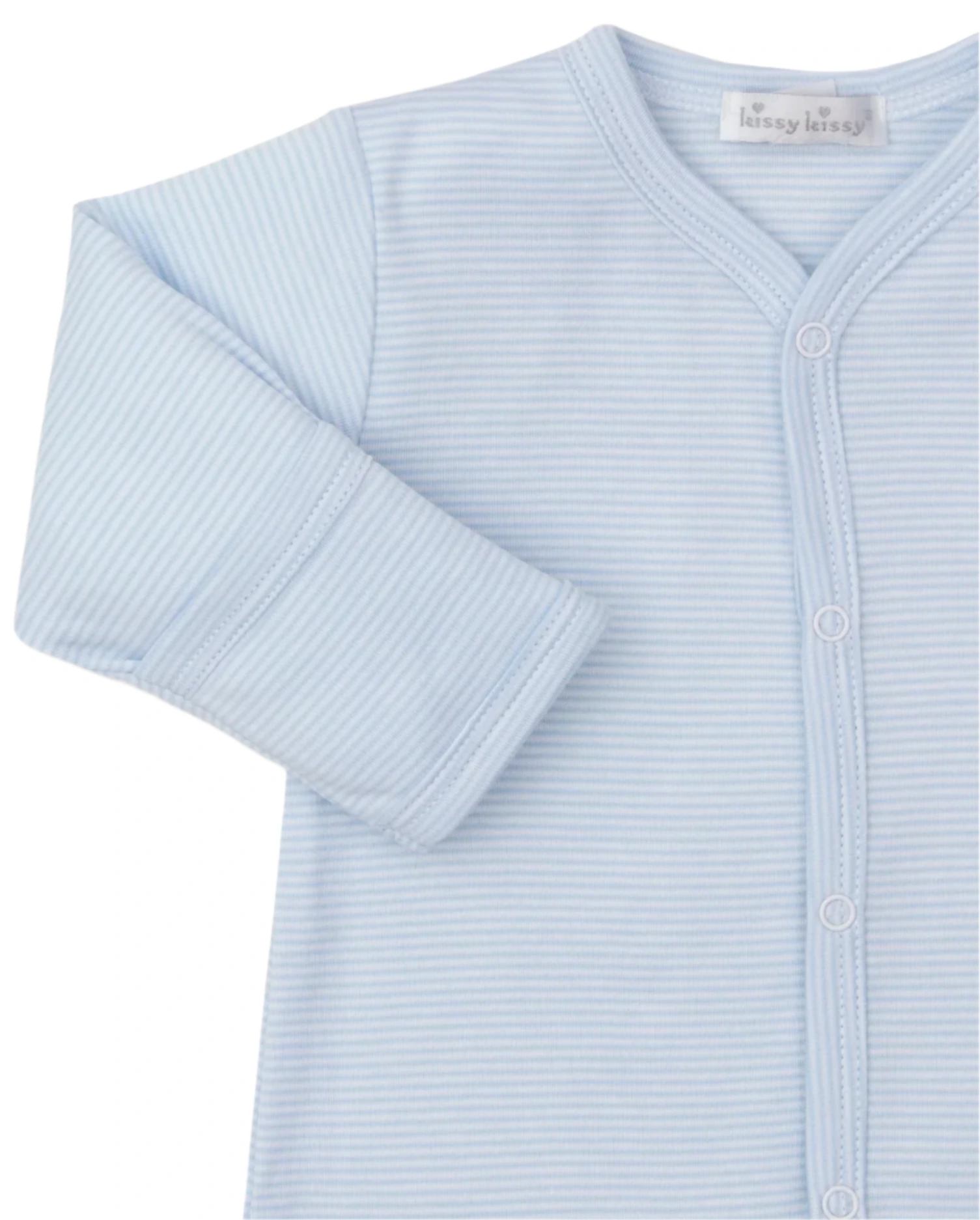 The Baby Forest Fun Striped Footie by Kissy Kissy is a light blue, long-sleeved onesie made from soft Pima cotton with front buttons and features an embroidered forest animal.