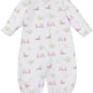 The Kissy Kissy Fairway Foursome Printed Convertible Gown, crafted from soft Pima cotton, features pastel animal and greenery illustrations. It has long sleeves and a snap-button closure for easy dressing, making it an essential versatile piece in your child's wardrobe.