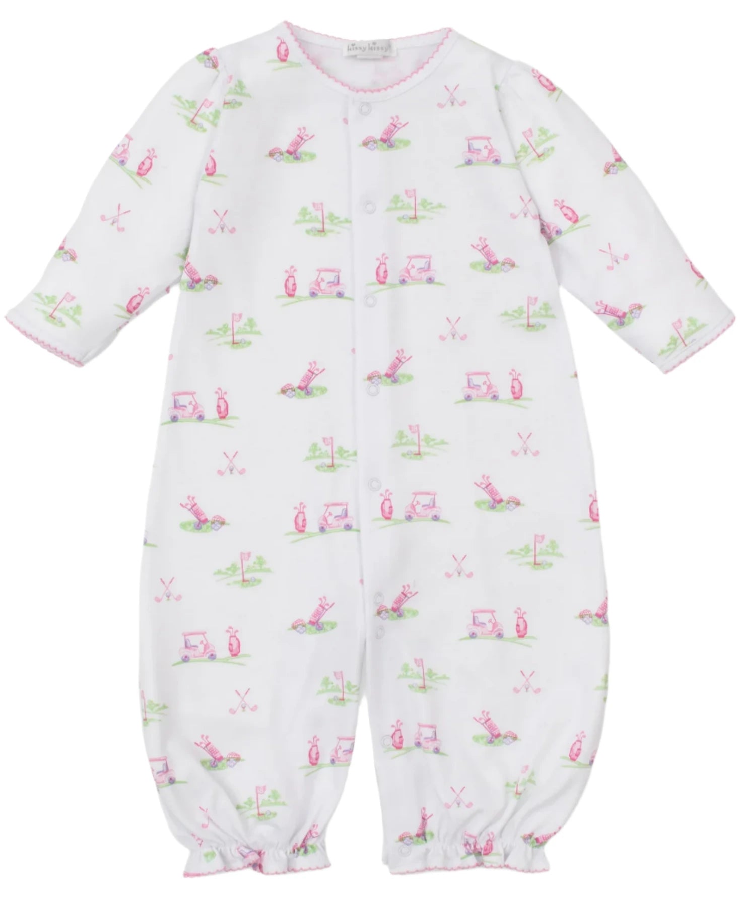 The Kissy Kissy Fairway Foursome Printed Convertible Gown, crafted from soft Pima cotton, features pastel animal and greenery illustrations. It has long sleeves and a snap-button closure for easy dressing, making it an essential versatile piece in your child's wardrobe.