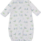 The Kissy Kissy Fairway Foursome Printed Convertible Gown is a white baby gown made from soft Pima cotton, featuring blue trim and a delightful pattern of helicopters, airplanes, and trees.