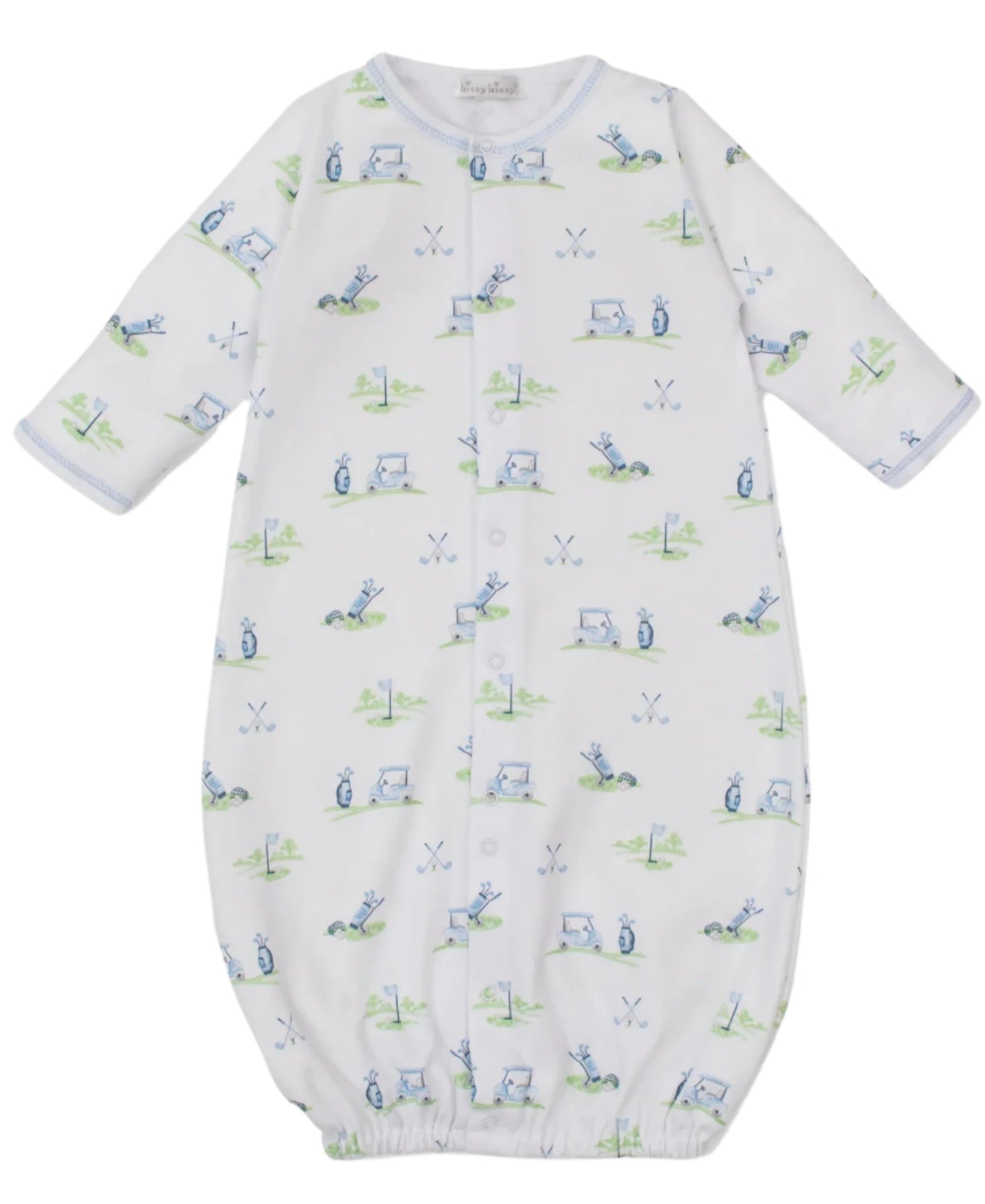 The Kissy Kissy Fairway Foursome Printed Convertible Gown is a white baby gown made from soft Pima cotton, featuring blue trim and a delightful pattern of helicopters, airplanes, and trees.