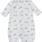 Kissy Kissy presents the Fairway Foursome Printed Convertible Gown, a white Pima cotton baby gown with button-up front and charming blue and green golf-themed illustrations.