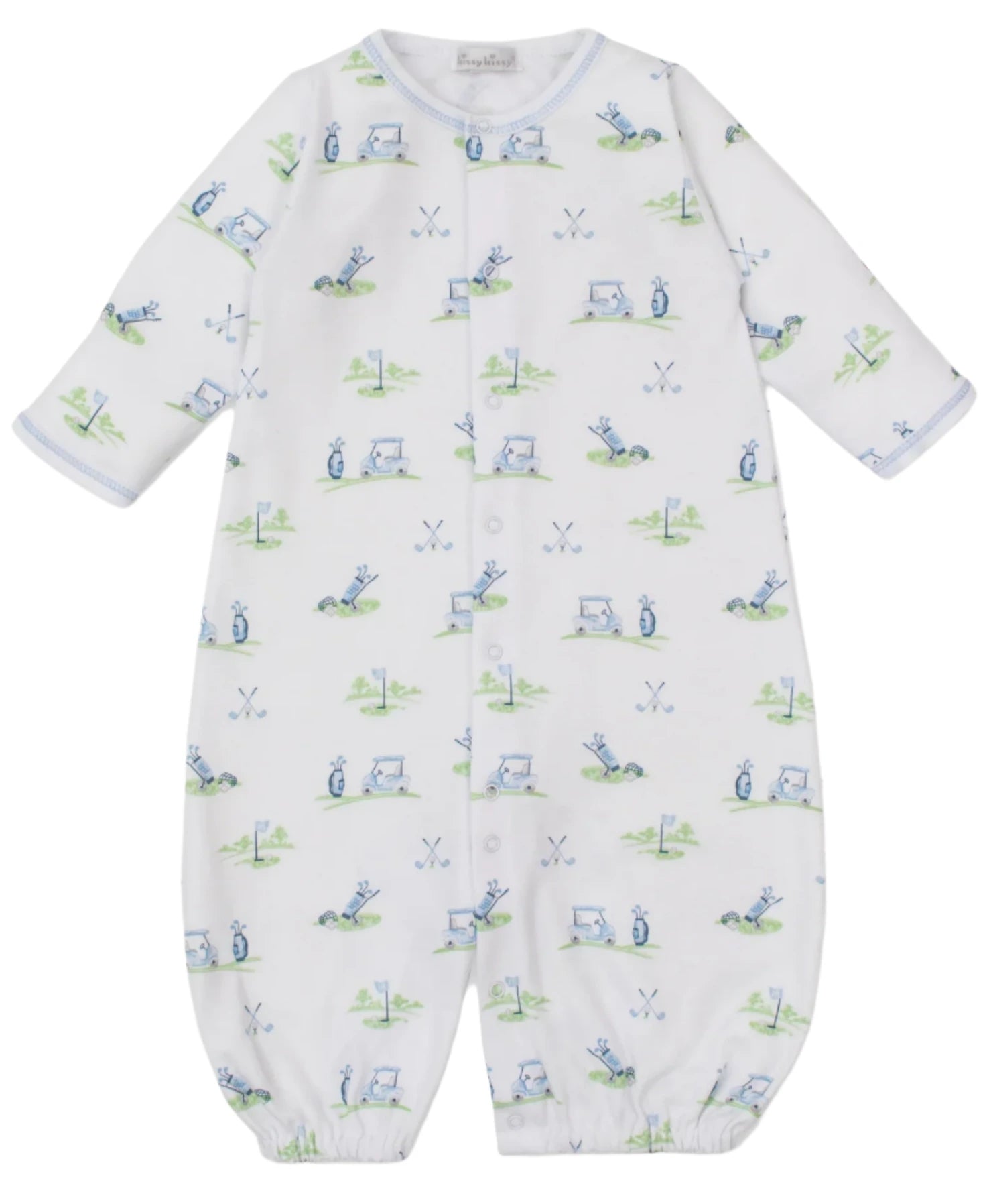 Kissy Kissy presents the Fairway Foursome Printed Convertible Gown, a white Pima cotton baby gown with button-up front and charming blue and green golf-themed illustrations.