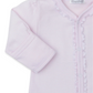 The Kissy Kissy Baby Forest Fun Striped Footie is a pink, long-sleeve Pima cotton outfit with ruffled edges and an embroidered forest animal for a whimsical touch, featuring a vertical button closure.