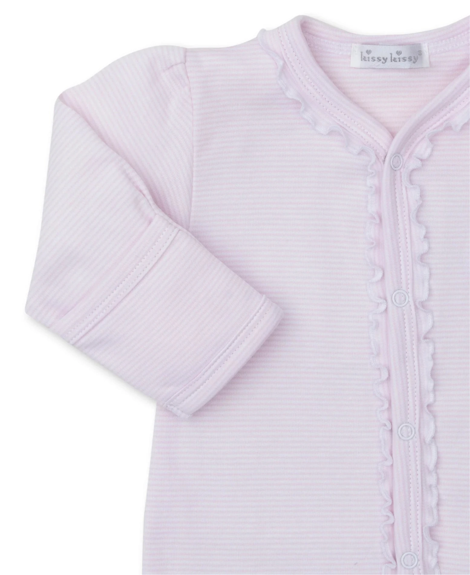 The Kissy Kissy Baby Forest Fun Striped Footie is a pink, long-sleeve Pima cotton outfit with ruffled edges and an embroidered forest animal for a whimsical touch, featuring a vertical button closure.