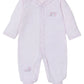 The Kissy Kissy Baby Forest Fun Striped Footie is a pink infant onesie made from soft Pima cotton, featuring long sleeves with cozy footies. It is adorned with an embroidered lamb and sheep design on the front.