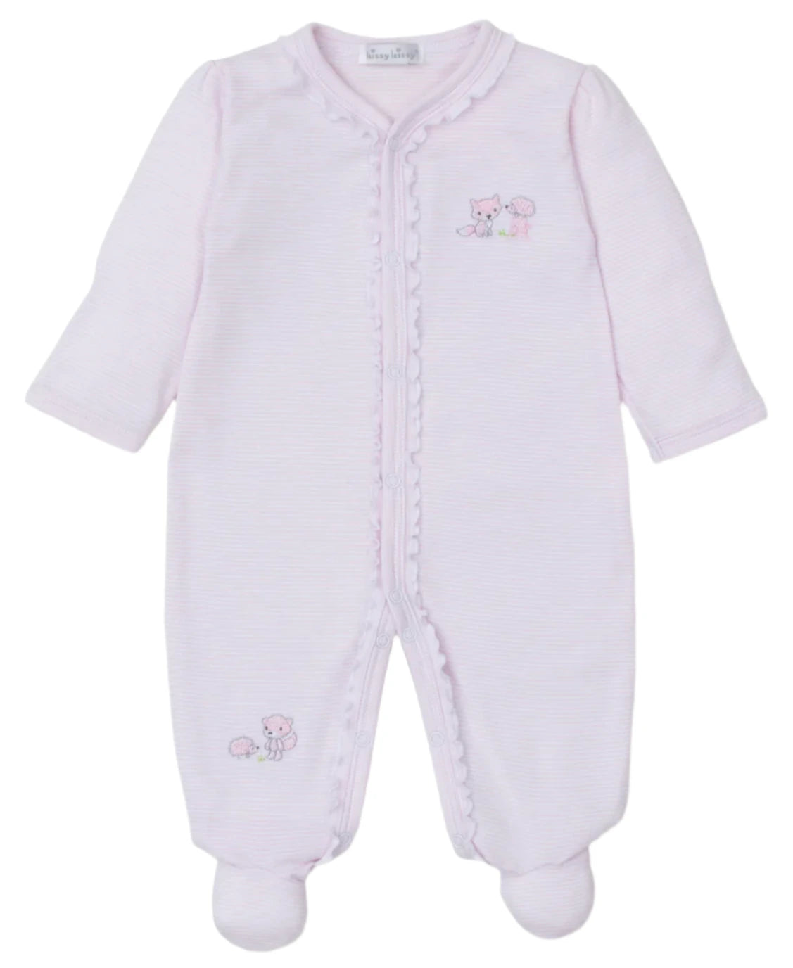 The Kissy Kissy Baby Forest Fun Striped Footie is a pink infant onesie made from soft Pima cotton, featuring long sleeves with cozy footies. It is adorned with an embroidered lamb and sheep design on the front.