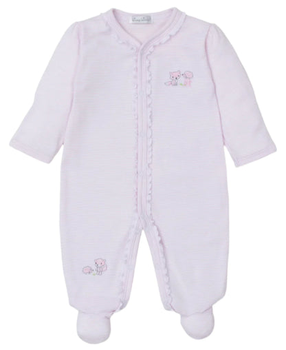 The Kissy Kissy Baby Forest Fun Striped Footie is a pink infant onesie made from soft Pima cotton, featuring long sleeves with cozy footies. It is adorned with an embroidered lamb and sheep design on the front.