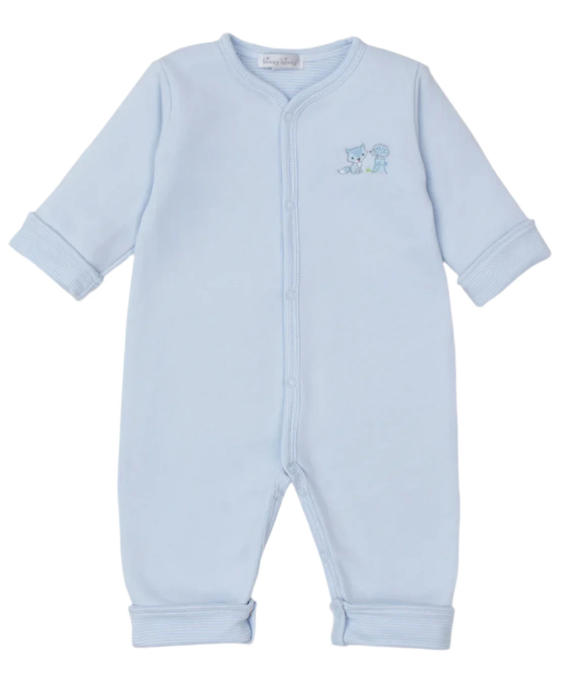 The Baby Forest Fun Reversible Playsuit by Kissy Kissy features long sleeves and front snap buttons, made from soft Pima cotton in light blue, and adorned with charming forest animal embroidery on the chest.