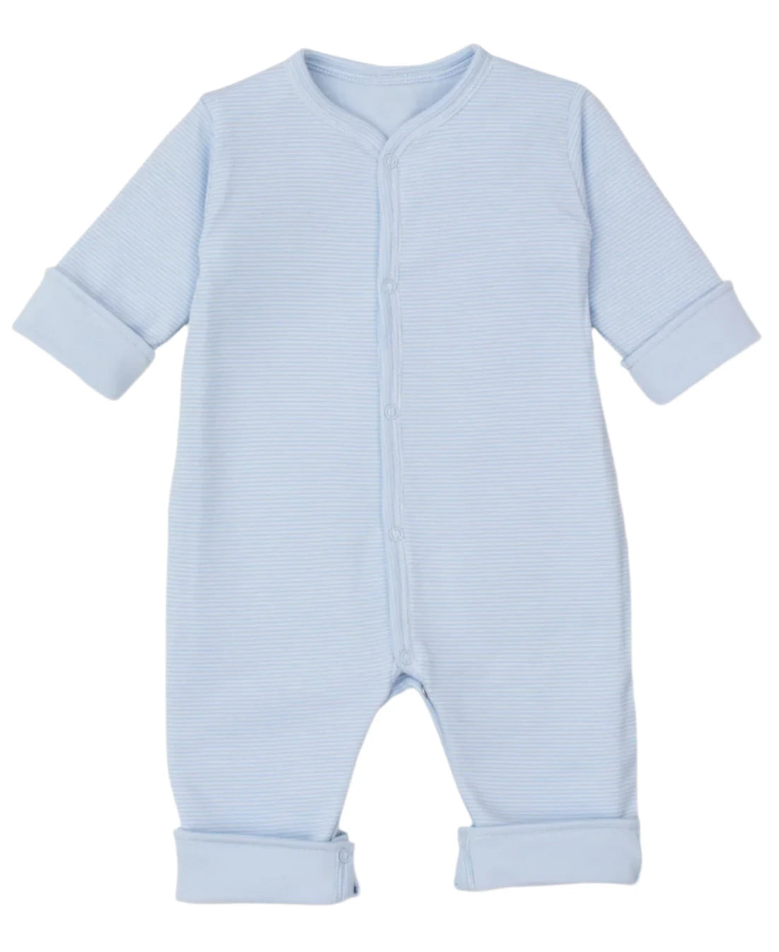 The Baby Forest Fun Reversible Playsuit by Kissy Kissy is a light blue, footed design made from soft Pima cotton, featuring long sleeves and a front snap closure.