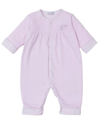 The Kissy Kissy Baby Forest Fun Reversible Playsuit is a pink infant playsuit made from soft Pima cotton, with embroidered forest animals on the chest, long sleeves, and snap buttons down the front.