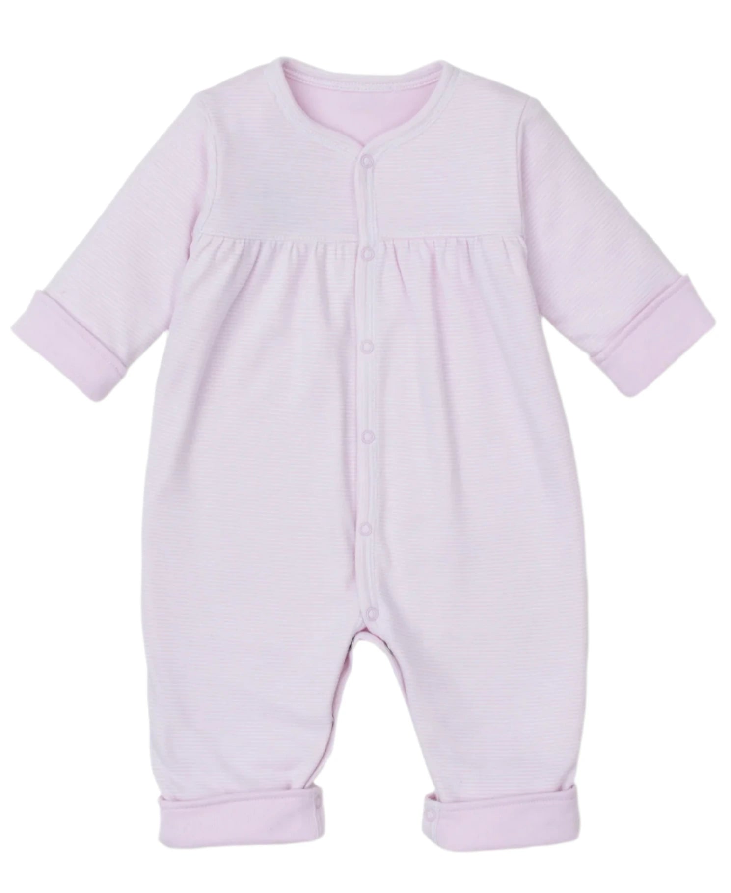 The Baby Forest Fun Reversible Playsuit by Kissy Kissy is a light pink infant playsuit made from soft Pima cotton, featuring long sleeves and front snap buttons, ideal for cozy days.