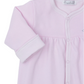 The Baby Forest Fun Reversible Playsuit by Kissy Kissy is a light pink onesie made from soft Pima cotton. It features long sleeves, front button closures, ribbed cuffs, simple stitching, and playful forest animal prints.