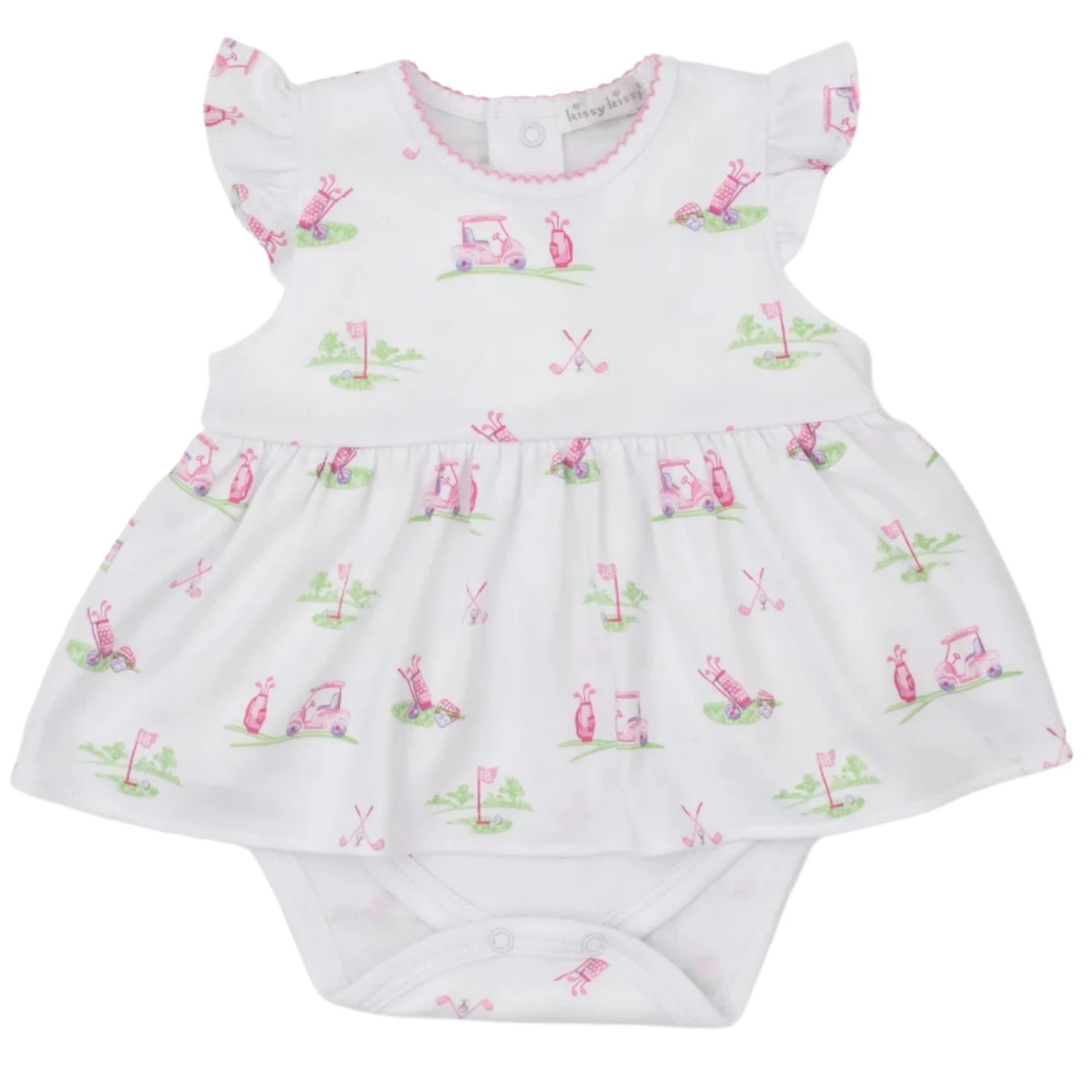 The Kissy Kissy Fairway Foursome Bodysuit Dress, made of soft Pima cotton, offers ultimate comfort with a charming golf-themed print in pink and green accents. This adorable white outfit includes a skirt and flutter sleeves adorned with delightful golf carts and flags.