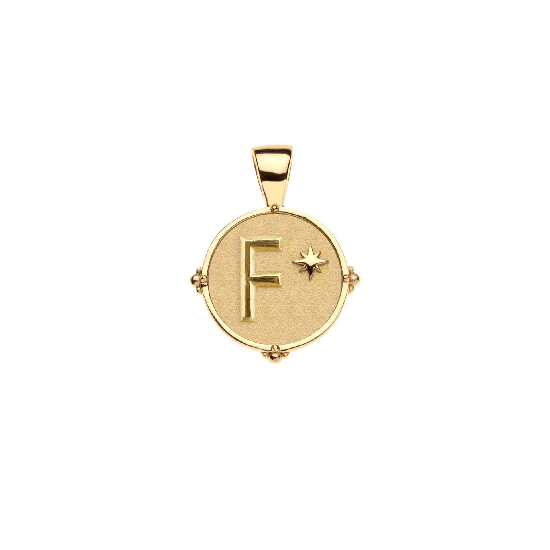The Jane Win Letter Pendant Satellite Necklace Collection features a 14k gold pendant with a raised "F" and star on a matte round background, paired with a beaded satellite chain for personalized elegance.