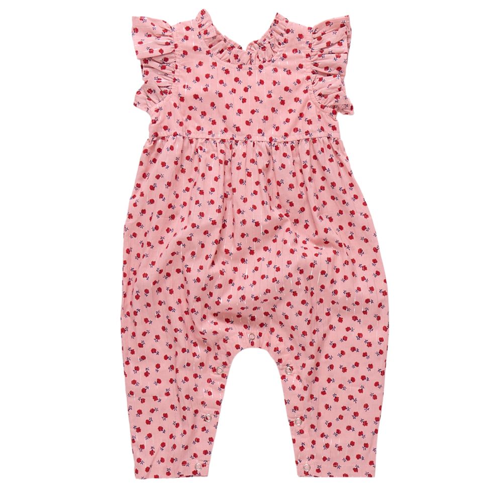 The Pink Chicken Baby Girls' Jennifer Jumper features ruffle sleeves and a tiny rose pattern, shown on a white background.