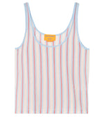 The Fine Stripe Tank by Guest in Residence is a lightweight women's knit tank with blue and red vertical stripes on white and light blue trim, perfect for layering or wearing solo.