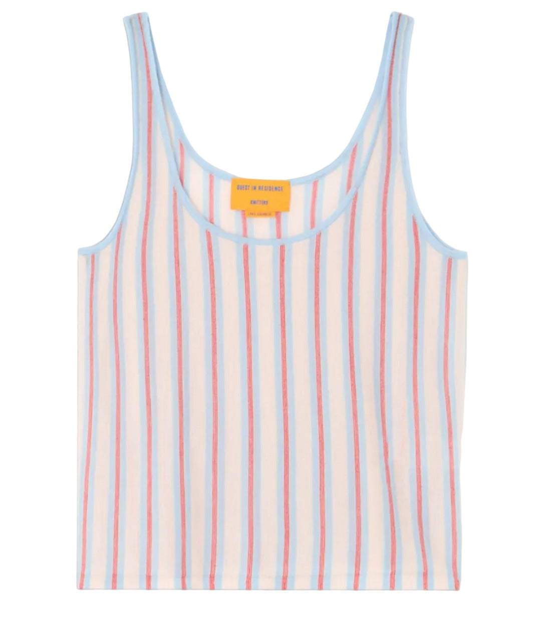 The Fine Stripe Tank by Guest in Residence is a lightweight women's knit tank with blue and red vertical stripes on white and light blue trim, perfect for layering or wearing solo.