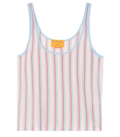 The Fine Stripe Tank by Guest in Residence is a lightweight women's knit tank with blue and red vertical stripes on white and light blue trim, perfect for layering or wearing solo.