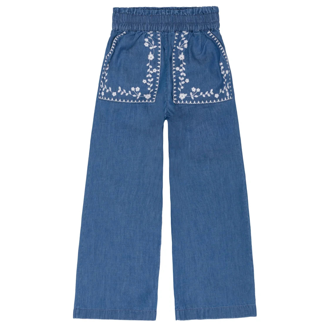 The Minnow Girls' Chambray Embroidered Paperbag Pant features a wide-leg fit, elastic waistband, two front pockets, and white floral embroidery.