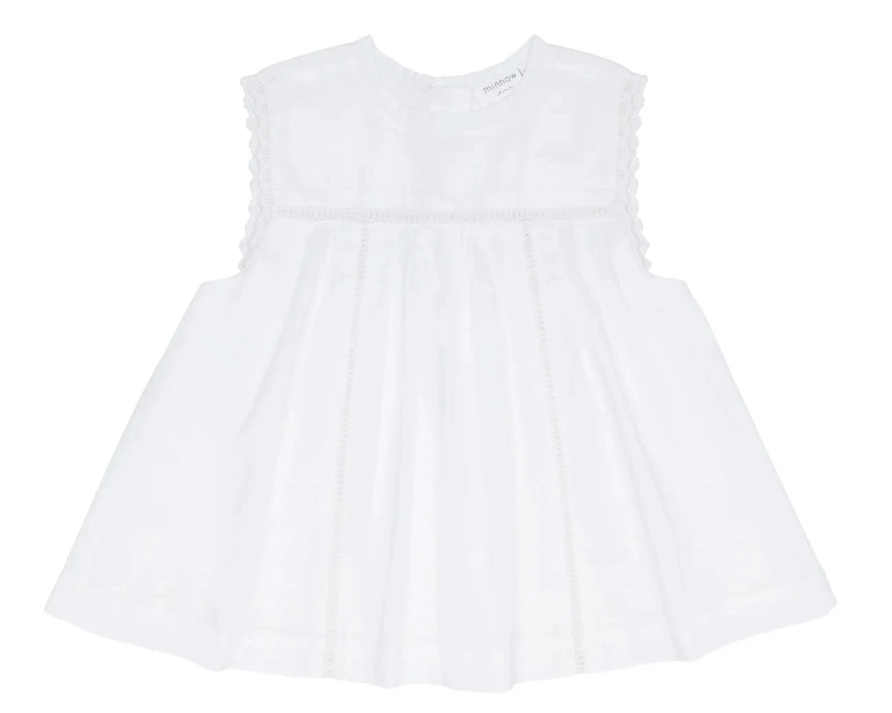 The Minnow Girls' White Align Tank is a sleeveless top featuring lace-trimmed sleeves and bodice, a loose flared fit, and delicate vertical details—perfect for your girl's comfort and style on any occasion.
