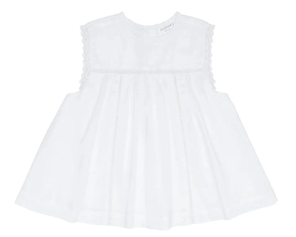 The Minnow Girls' White Align Tank is a sleeveless top featuring lace-trimmed sleeves and bodice, a loose flared fit, and delicate vertical details—perfect for your girl's comfort and style on any occasion.