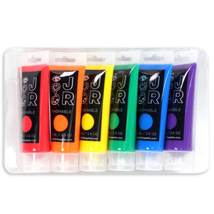 Six tubes of Bright Stripes 6 JR Washable Fingerpaints, showcasing vibrant shades like red, orange, yellow, green, blue, and purple, are neatly packed in a clear plastic case for worry-free creativity with easy cleanup.