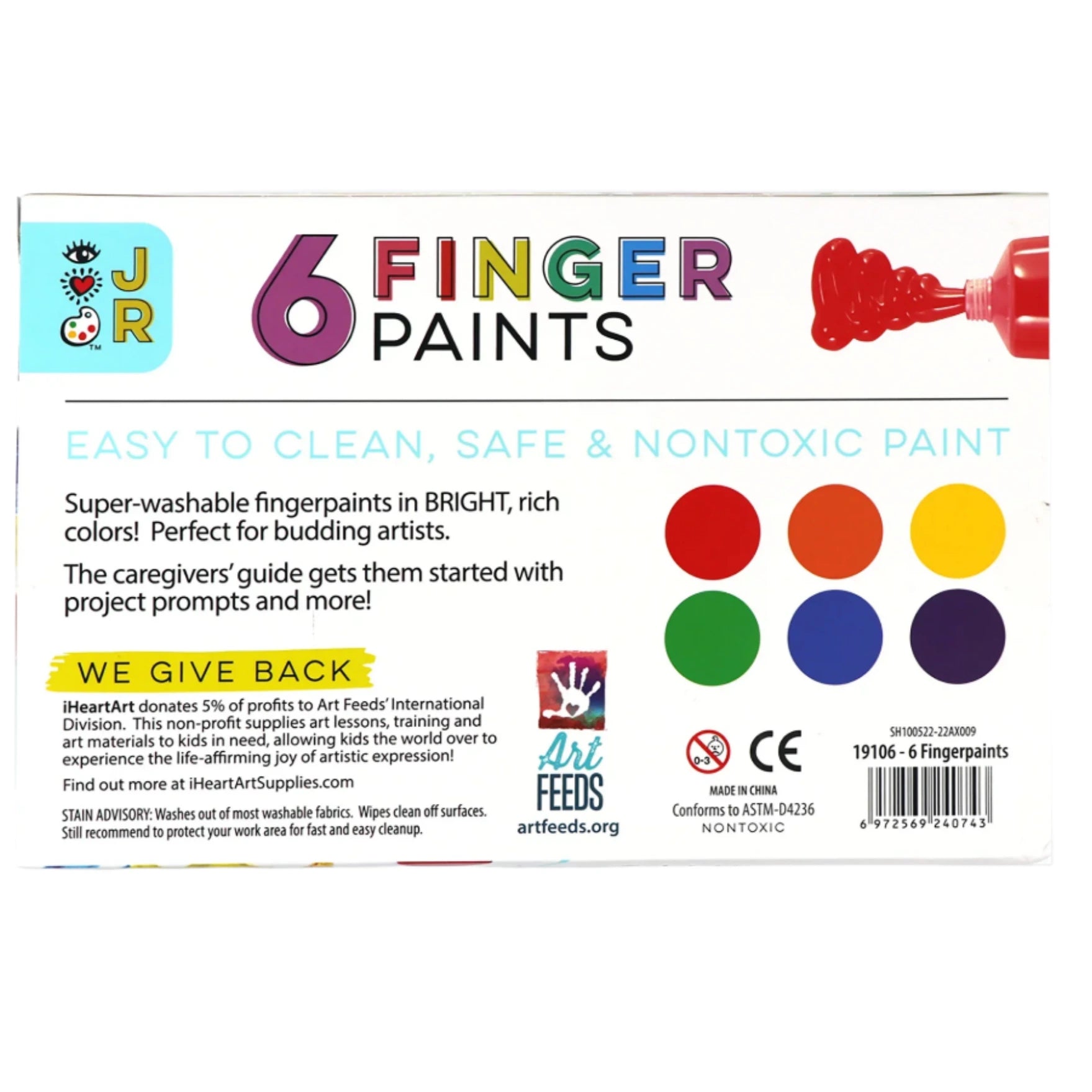 Bright Stripes 6 JR Washable Fingerpaints offer bright, easy-to-clean, non-toxic colors perfect for kids' creativity. Each purchase supports Art Feeds for safe fun and a worthy cause. Safety warnings included.