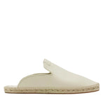 Side view of Lanvin's cream-colored Domra Leather Espadrilles with a flat sole, simple stitching, and an open heel for a chic summer look.